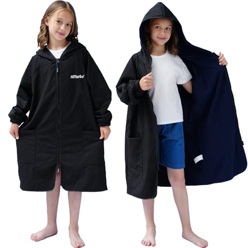 Hiturbo Kids Swim Parka: Diamond Quilted Waterproof Swimming Jacket - Hooded Swimmer Coat with Quick-dry Towel for Boys Girls