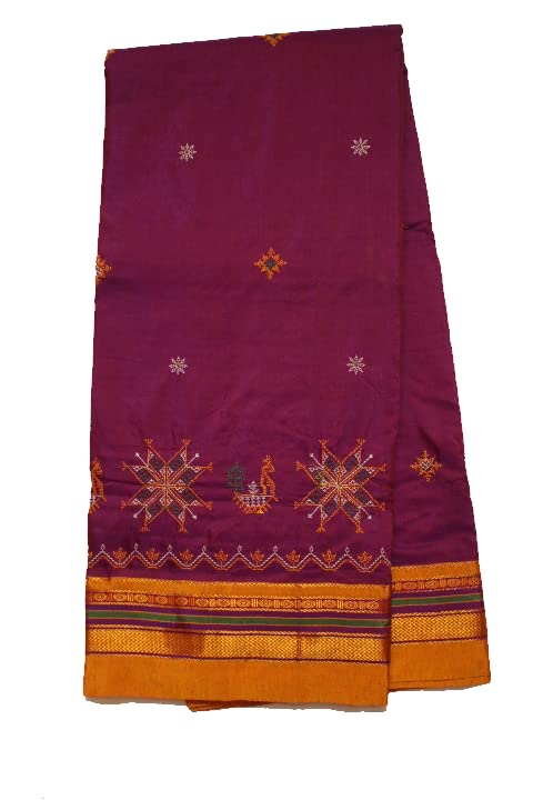 Image of Women Ilkal Cotton Blended Silk Kasuti Embroidery Saree with Traditional Stripe Pallu Unstitched Blouse Pattu