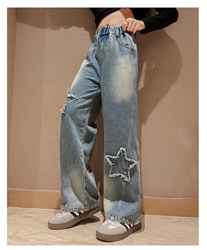 Kids Girls Casual Heart Print Baggy Wide Leg Denim Pants Elastic Waist Casual Jeans2