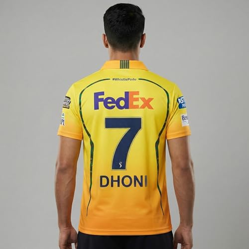 Image of playR x Chennai Super Kings Original Fan Jersey IPL 2026 - Adult Dhoni 7 Half Sleeve CSK Cricket T-Shirt, Regular Fit Sportswear Tee for Training, Outdoor & Match Day Activewear for All Season
