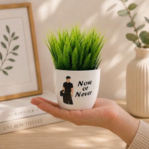 Image of Artificial Plants with Motivational Printed Pots | Mini Fake Plants for Home Decor | Cute Desk Plants for Office Desk, Living Room, Study Table & Balcony Decor | Modern Decorative Planter (Pack of 2)