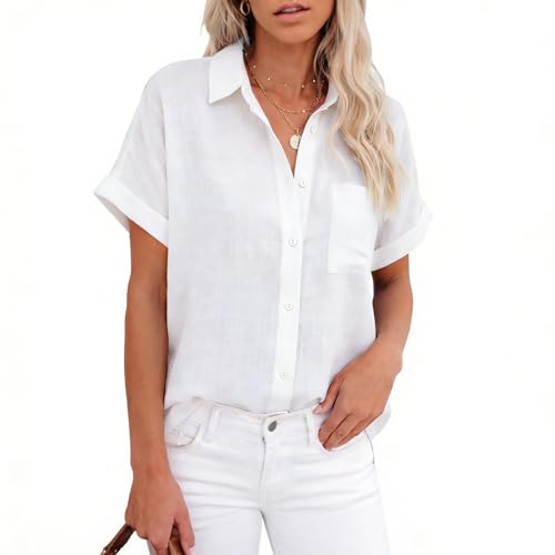 Zidoley Blusa de lino para mujer, blusa de verano de gasa de algodón y lino, camisa larga de manga corta, blanco, XL