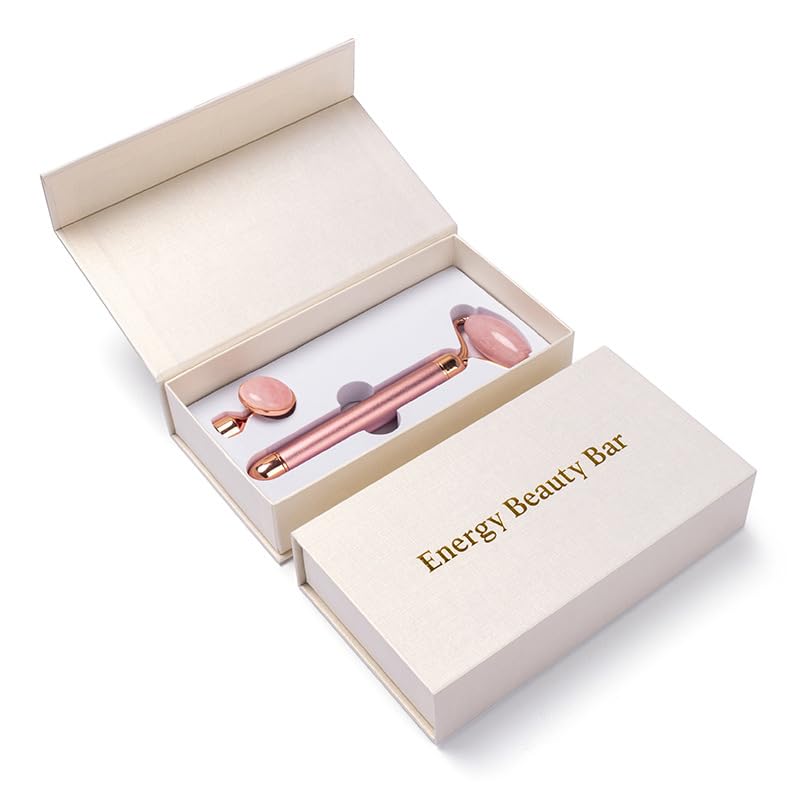Strumento for Massaggio di Bellezza con Rullo di Giada Vibrante Elettrico 2 in 1 al Quarzo Rosa for Lifting facciale in Pietra di Giada di Cristallo (Color : Pink-No Box)