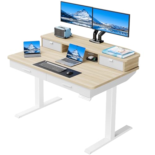 Image of HUANUO 48 x 30 inch Electric Standing Desk with 4 Drawers, Adjustable Height Sit Stand Home Office Desk with Two Tiers, Ergonomic Adjustable Stand up Desk C-Clamp Monitor Mount Compatible, Natural