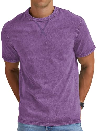 Anelune Men's Distressed 100% Cotton T-Shirt Vintage Hip Hop Streetwear Oversized Crew Neck Casual Summer Short Sleeve Tops Purple M