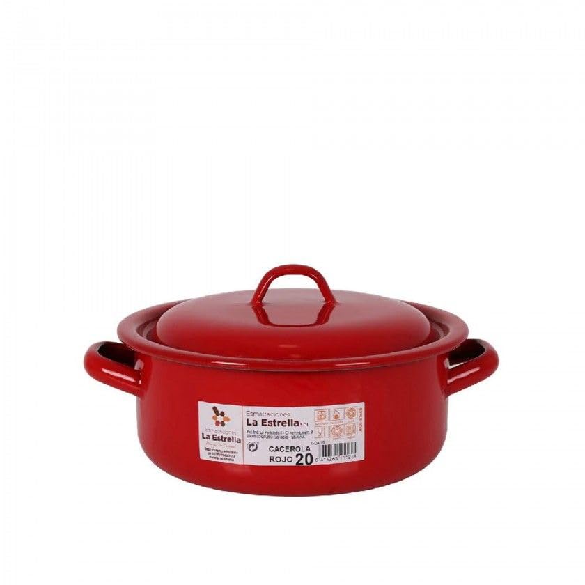 LA ESTRELLA | Cacerola Acero Esmaltado Con Tapa 20Cm Color Rojo - Cacerola de Cocina - Cacerola Apta Inducción - Cacerola Bra Alta Calidad