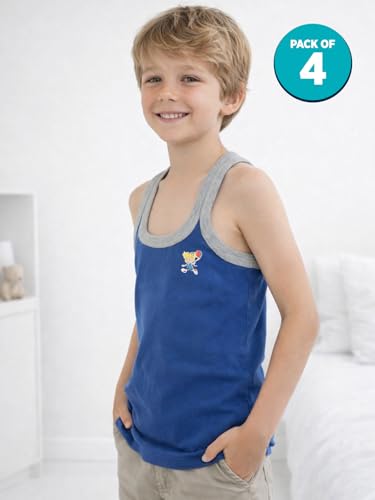 Image of Lux Cozi Sleeveless Gym Vest for Boys | 100% Cotton Material | Round Neck, Regular Fit | Pack of 4 | Color and Print May Vary