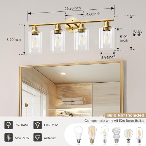 Image of Brush Gold Bathroom Vanity Light - 4-Light Bathroom Light Fixtures with Clear Glass Shades, UL Certification & E26 Base, Gold Vanity Light for Bathroom