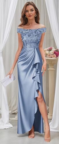 Off The Shoulder Mother of The Bride Dresses for Wedding Sequin Lace Evening Dress with Slit Ruffles Formal Gowns4