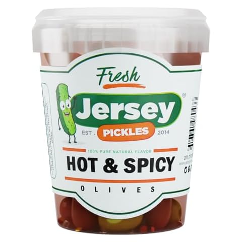 Jersey Pickles Spicy Hot Mix Olives with Jalapenos - Italian Castelvetrano Green Olives | 32 OZ Jar | Perfect for Gourmet Dishes & Appetizers | Premium Queen Olives | Olives Green Cover