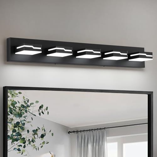 Image of LED Modern Bathroom Vanity Light Fixtures 5-Light, 32 inch Dimmable Matte Black Vanity Lights for Bathroom Lighting Fixtures Over Mirror, with 350Rotatable Acrylic Heads(White Light 5500K)