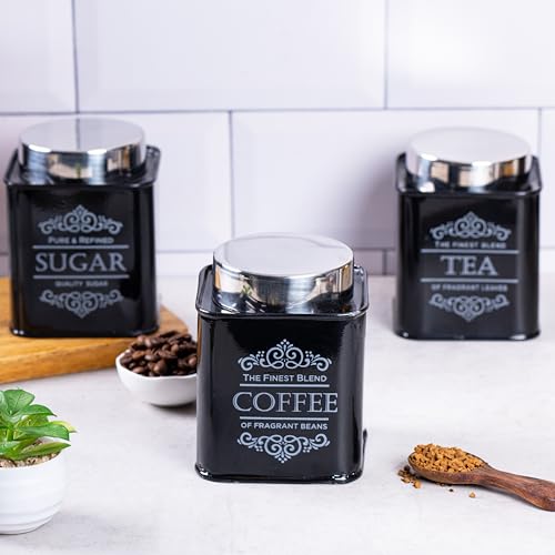 Image of Metallure Home Artisanal Kitchen Storage Jars | Tea, Coffee and Sugar Containers Set of 3 | Airtight Metal Containers for Home | Food Container Set with Secure Lid | Food Safe Kitchen Jar Set (Black)