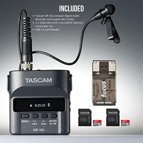Tascam Dr-10L Digital Audio Recorder And Lavalier Mic Bundle With 32Gb Sd Cards (2-Pack) And Usb 2.0 Card Reader (4 Items) #TOP6