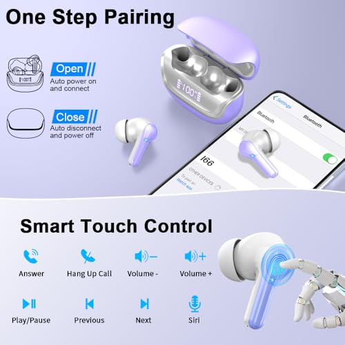 Wireless Earbuds, Bluetooth 5.4 Headphones HiFi Stereo, 48H Playtime in Ear Earbuds with 4 ENC Noise Cancelling Mic, IP7 Waterproof Sport Wireless Ear Buds, USB-C Charging, Light Purple by Nerunsa - Image 5