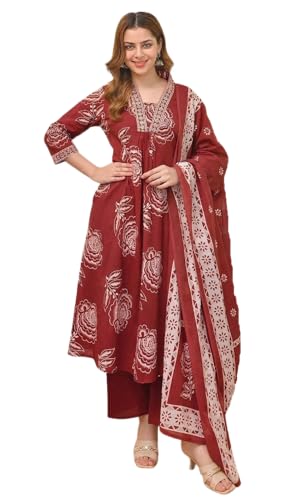 Image of Klosia Women Printed A-Line Kurta and Pant Set with Dupatta | Printed Kurta Set | A-Line Kurta Set | Women Kurta Sets | Summer Suit |