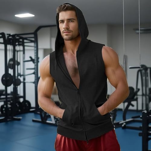 MILAX Men's Hoodie, Black Sleeveless Zip Up Hoodie for Workout, Muscle Fit Full Zip Hooded Jackets, Gym Hoodies with Kangaroo Pockets, Size L - Image 2