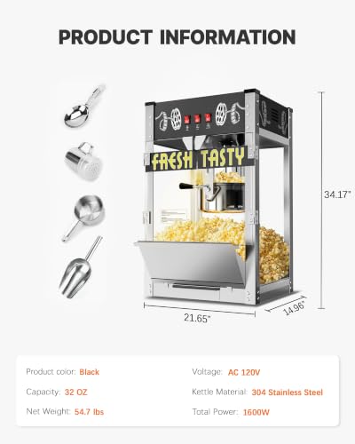 Image of 32 Oz Commercial Popcorn Machine, Large Popcorn Maker Machine, Movie Theater Countertop Pop Corn Machine with 3-Switch Control & Tempered Glass Doors, Black