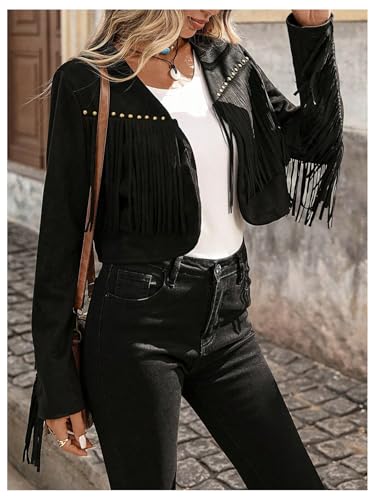 Floerns Women's Western Faux Suede Open Front Jacket Fringe Beaded Long Sleeve Crop Coat4