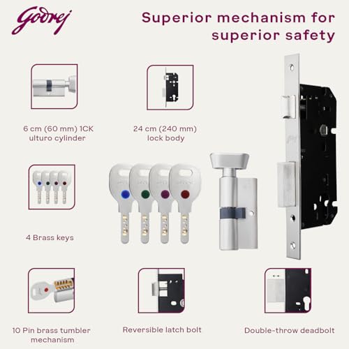 Image of Godrej Mortise Lock|Handle Lock Set for Main & Bedroom Door|HDH 05 Rossette Home Decor Handle|Matte Antique Brass Finish|9 Inch Lockbody|70 mm 1CK Cylinder - Knob from Inside & 3 Keys | 5 Y Warranty