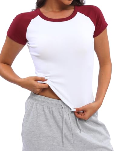 Mousnipy Women's Basic Summer Raglan Sleeve Crewneck T-Shirts Y2K Cute Going Out Tops Baby Tee(Wine,Small)