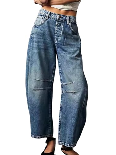 Women's Barrel Jeans Vintage Wide Leg Mid Rise Baggy Boyfriend Denim Ankle Pants