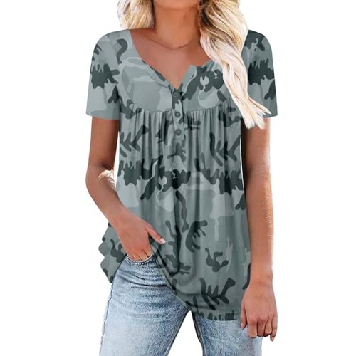 Womens Summer Short Sleeve Shirts V Neck Button Down Floral