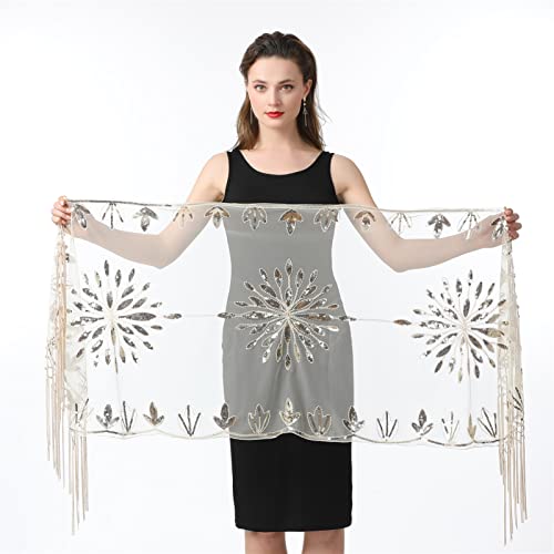 Women's Glittering Scarf Mesh Sequin Wedding Cape Fringed Evening Shawl Wrap for Wedding Evening Dresses Beige4