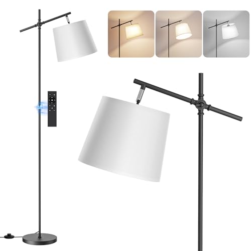 Image of SIBRILLE Floor Lamp with Linen Shade, Dimmable Tall Standing Lamp with Remote Control & 3 Color Temperatures Bulb, Modern Swing Arm Floor Lamps for Living Room Bedroom Office Corner