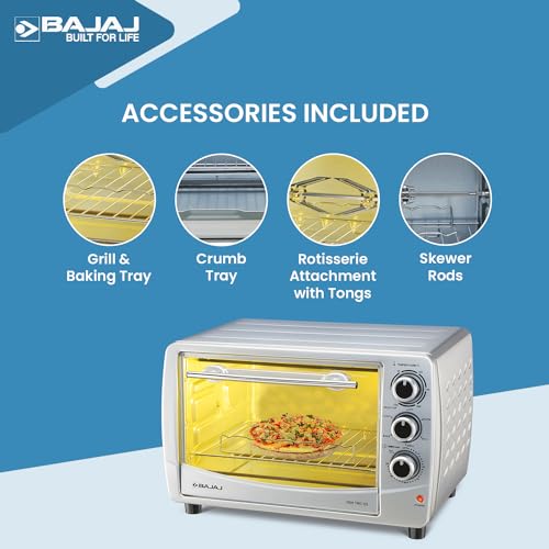 Image of Bajaj 2800TMC 28 Litre Oven Toaster Griller (OTG 28L)|1200 Watts Convection Oven For Kitchen|Motorised Rotisserie|Roasting & Grilling|Temp & Timer Control|Baking Accessories|2-Yr Warranty Bajaj|Black