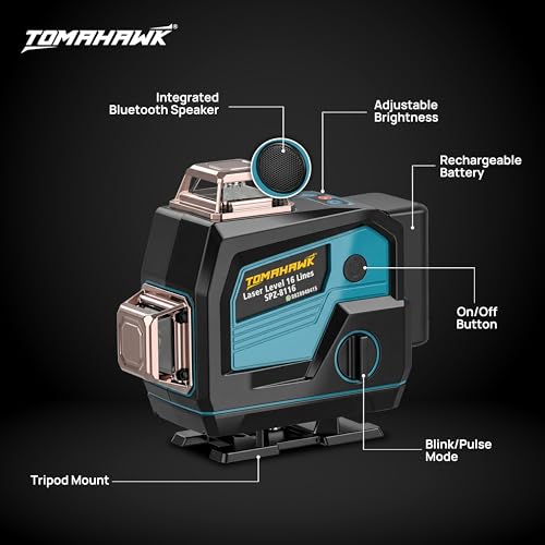 Image of TOMAHAWK SPZ-8116-16 16 Lines Green Laser Level Pro - 4x360 4D Green Cross Self-Levelling Professional Laser Line for Construction with Two 360 Vertical /Horizontal Laser Level Pulse Mode
