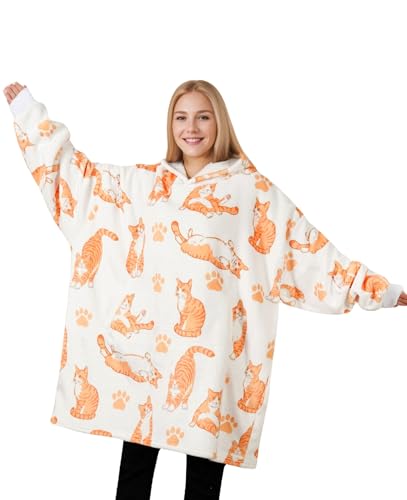 Huglanket Orange Cat Blanket Hoodie - Gifts for Cat Lovers, Women, Men on Birthday, Christmas - One Size, Full Printed