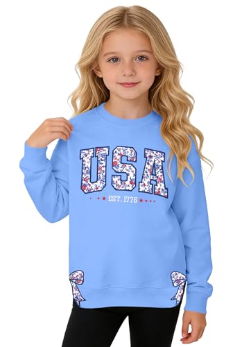 Image of Ithalt Kids USA Sweatshirt Boys Girls 4th of July Shirt American Patriotic Pullover with Embroidered Side Slits 5-14y