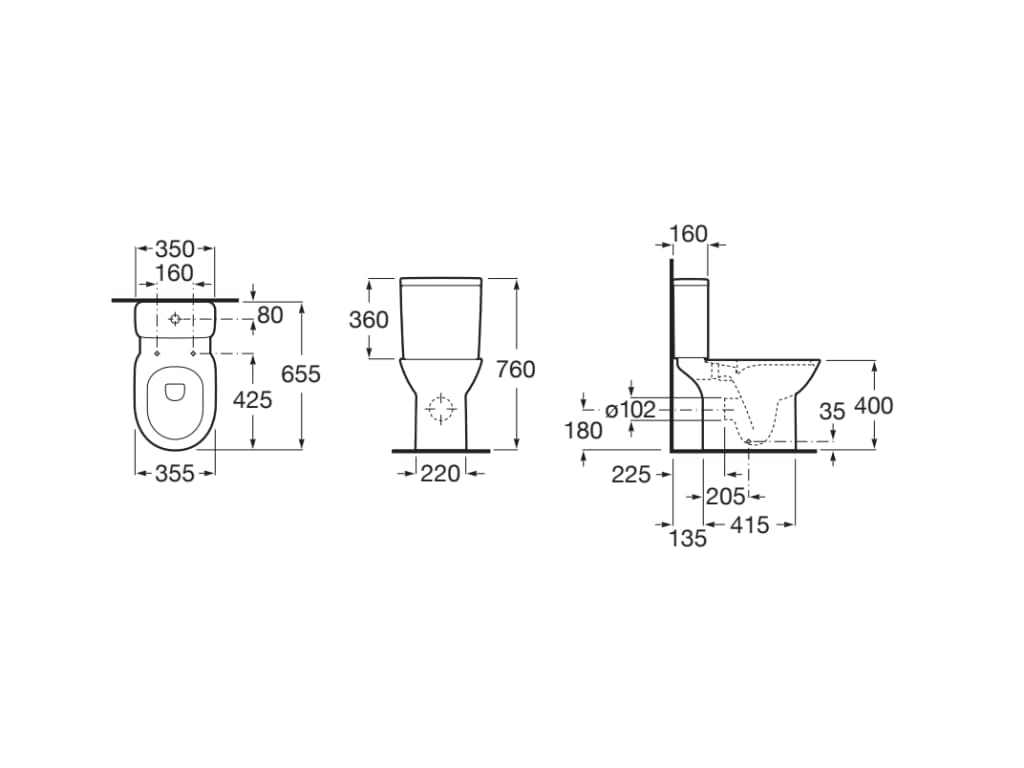 Roca,Debba,ROUND - Taza Rimless con salida dual para inodoro de tanque bajo,Blanco,350mm x 655mm x 760mm,A34299P000