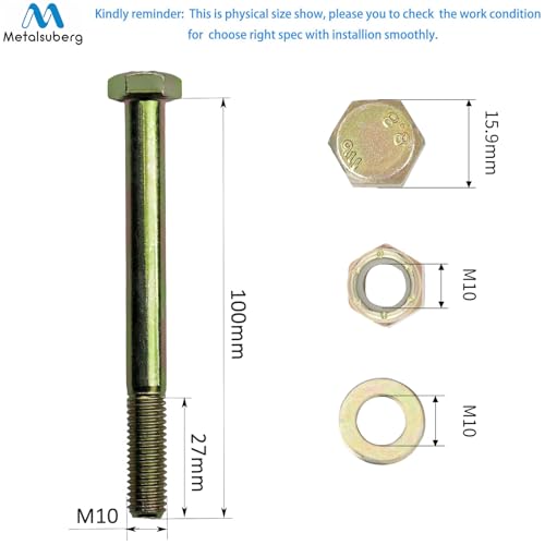 Image of M10 x 100mm Hex Bolt and Nylon Lock nut Flat Washer Assortment Kit by Color Galvanization,Alloy Steel,Grade 8.8.(8pcs Pack),4-1 /5 inch Axle rods for 103-3168 Mower Wheel Bolt, by Metalsuberg