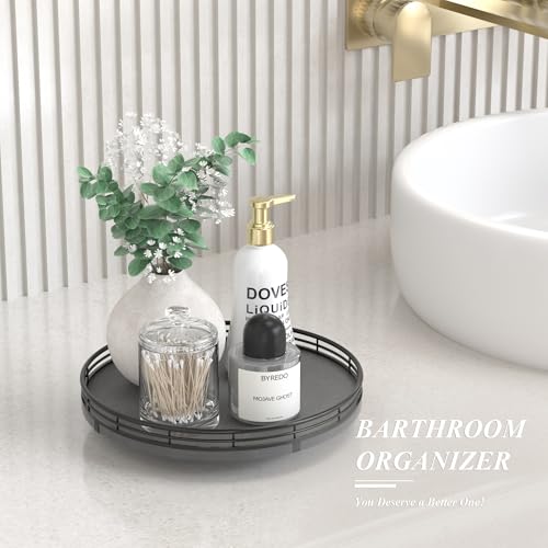 Image of Nature Slate Lazy Susan Turntable for Table Top - 10 inch Round Slate Tray Organizer for Dining Table, Kitchen Countertop & Bar, Luxury Stone Serving Tray with Black Raised Iron Rim