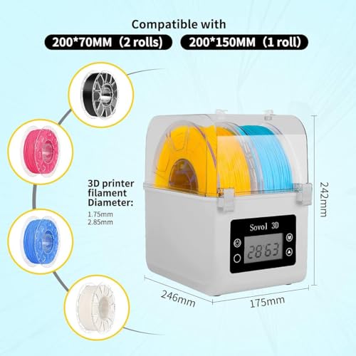 Filament Trockner, Sovol SH01 3D Drucker Filament Dryer Trockenbox Filamenttrockner 2 Rollen mit Upgraded Fan für 1.75mm, 2.85mm PLA PETG TPU ABS – Bild 6