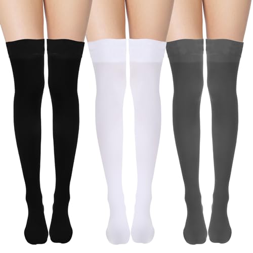 Overknees Strümpfe Damen, 3 Paar Lange Strümpfe für Kurze Röcke, Oberschenkelstrümpfe, Kniestrümpfe für Damen und Mädchen (Schwarz, Weiß und Grau)