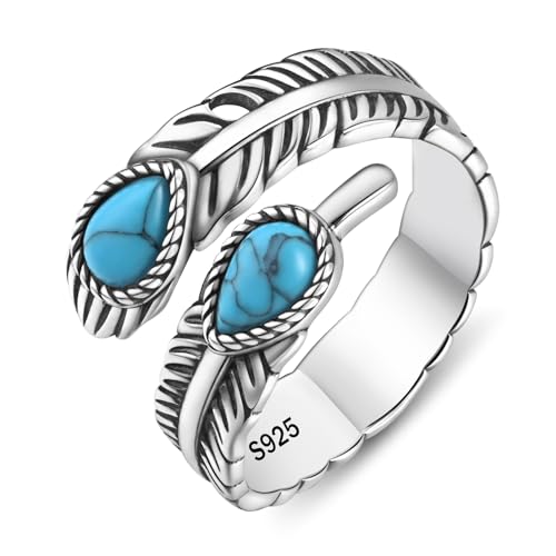 Bague plume turquoise argent 925 ajustable homme femme anneau ouvert