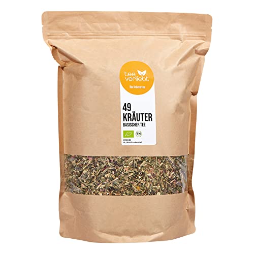 teeverliebt - Basischer Kräutertee Bio 1000 g I loser Tee mit 49 erlesenen Bio-Kräutern I Basischer Wohlfühl-Tee mit Löwenzahn Alantwurzel Salbei Brennessel Zimt Apfel uvm. I Basen-Tee lose 1 kg