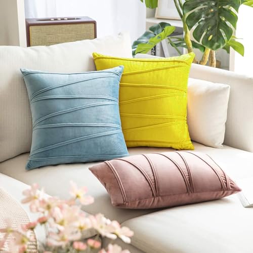 Image of Khooti Velvet Striped Cushion Cover Pack of 1-34 inchX34 inch /86X86 Cm | Lemon Yellow | Soft Pillow Covers Cushion Case for Sofa Bedroom Living Room Chair Car, Cushion Cover with Zig Zag Pattern