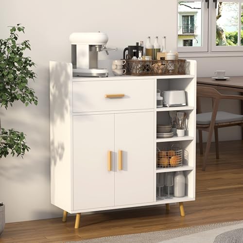 RWDKDTX Alacenas para Cocina Despensa Pequeña, Credenza Bufetera Mueble Organizador con 2 Puertas, Cajón y Estantes Abiertos, Alacena Gabinete de Almacenamiento para Comedor,...