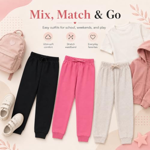 Image of BTween Kids Girls Fashion Stretch Waist Ultra Soft Jogger Pants Set 3 Pack Bundle