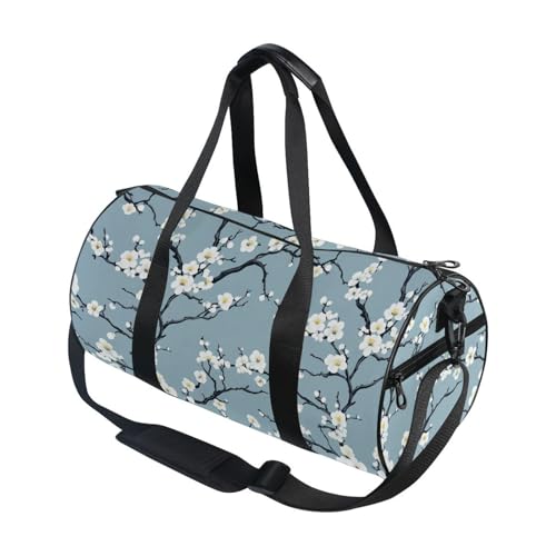 Chinoiserie White Flower Sports Duffel Bag Durable Full Print Barrel Gym Bag with Multiple Pockets, Adjustable Shoulder Strap Ideal for Sports Gym Training Travel and Outdoor Use