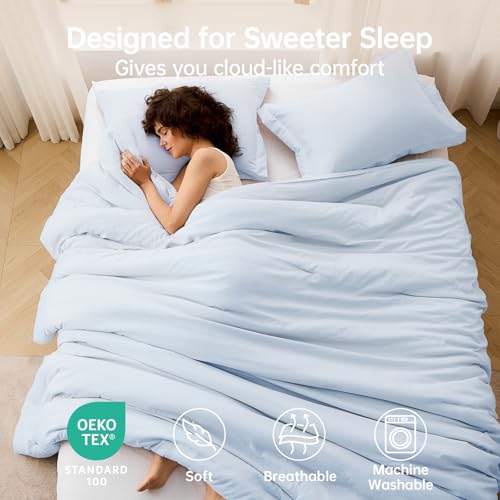 Image of MUXHOMO Queen Comforter Set, All Season Ultra Soft Down Alternative Bedding - 3 Piece Lightweight Bed Set Includes 1 Comforter (90 inchx90 inch) and 2 Pillow Shams (20 inchx26 inch), Light Blue