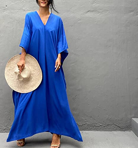 Image of RanRui Caftans for Women Solid Color Chiffon Plus Size Kaftan Dresses Beach Cover Up V Neck Batwing Sleeve Caftans Loungewear