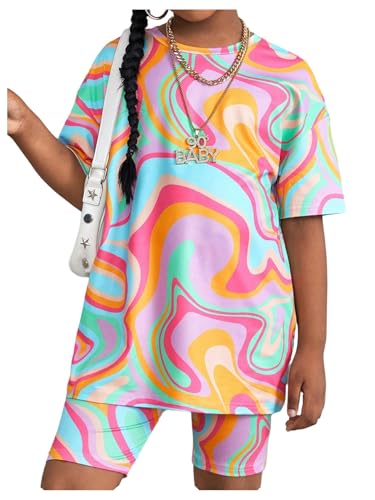 Floerns Conjunto de 2 peças para meninas com estampa de mármore tie dye e shorts de motociclista, Az