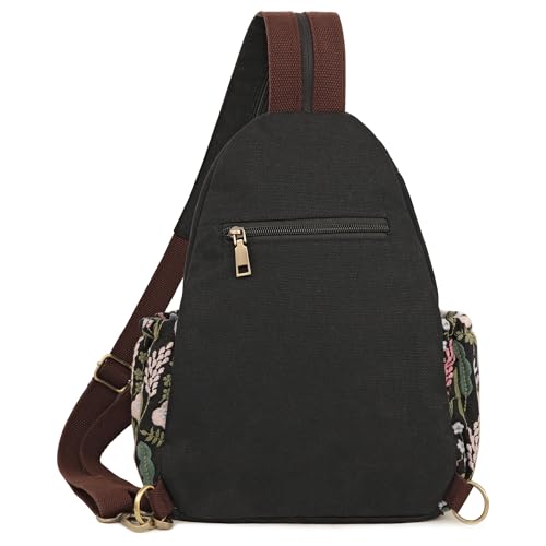 Image of SILKAREA Boho Embroidered Sling Backpack for Women Canvas Travel Chest Bag Flowers Multi-purpose Backpack Purse Shoulder Bag(Embroidered Black)