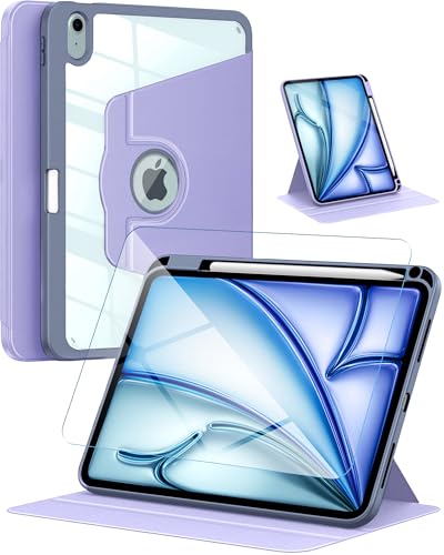 eller santé® 2IN1 Combo Back Flip Stand Cover Case + Tempered Glass for iPad Air 11 inch (M2) 360 Degree Pencil Holder Free-Angle Viewing with Adjustable Stand Auto Wake/Sleep- Lavender