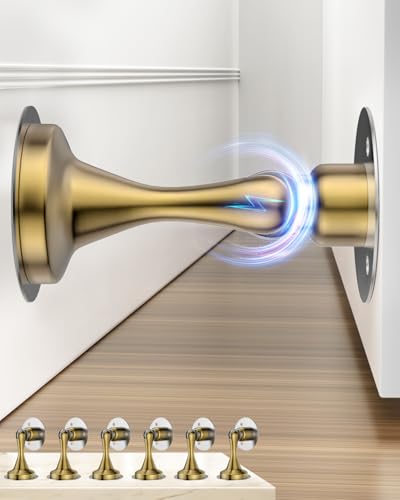 Image of Magnetic Door Stopper for Bottom of Door Catch, Heavy Duty Magnets Door Stops Holder to Keep Door Open, No Drill Strong Adhesive & Screws, Wall & Floor Mounting Stainless Steel Doorstop 6 Pack Gold