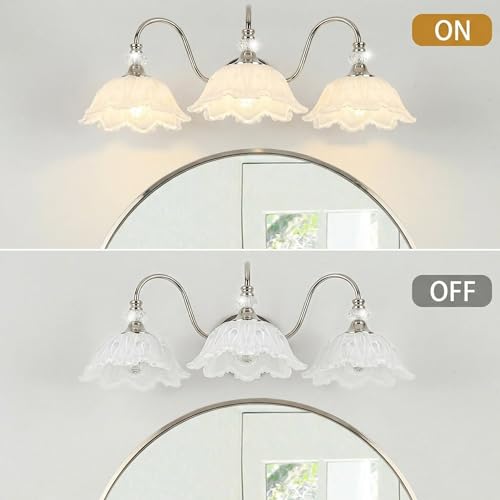 Image of Brushed Nickel 3-Light Bathroom Vanity Light with Floral White Glass Shades, Brushed Nickel Wall Mount Lighting for Bathroom, Dressing Table
